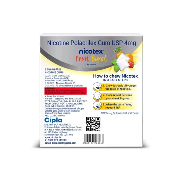 Nicotex 4mg Fruit Burst Flavour Sugar Free Strip Of 9 Chewing Gum