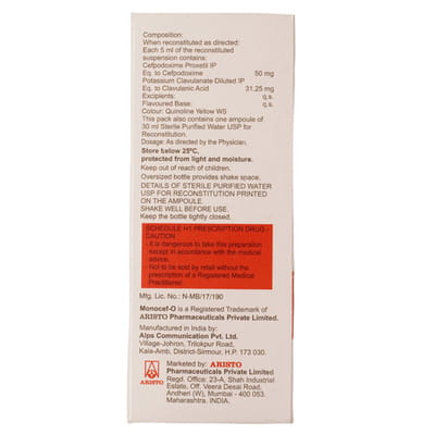 Monocef O Cv 50/31.25mg Delicious Pineapple Peppermint Flavour Bottle Of 30ml Dry Suspension