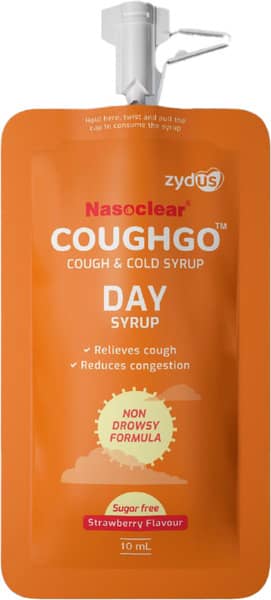 Nasoclear Coughgo Strawberry Flavour Sugar Free Day/Night Pouch Of 10ml Syrup( Pack Of 3)