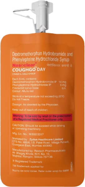 Nasoclear Coughgo Strawberry Flavour Sugar Free Day/Night Pouch Of 10ml Syrup( Pack Of 3)