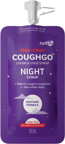 Nasoclear Coughgo Strawberry Flavour Sugar Free Day/Night Pouch Of 10ml Syrup( Pack Of 3)