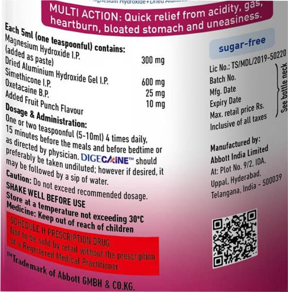 Digecaine Fruit Punch Flavour Sugar Free Bottle Of 200ml Gel