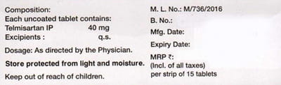 Telvas 40mg Strip Of 15 Tablets