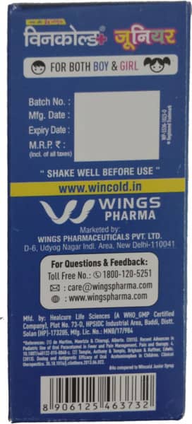Wincold Plus Junior Tutti Fruti Ice Cream Flavour Bottle Of 60ml Suspension