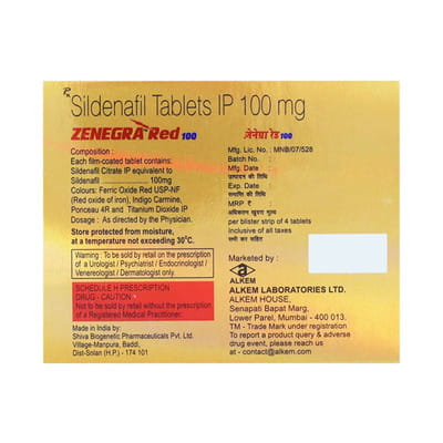 Zenegra Red 100 Mg Strip Of 4 Tablets