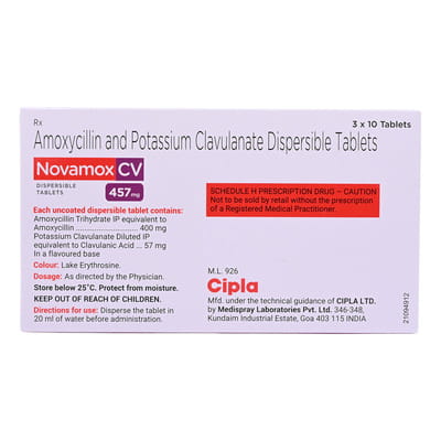 Novamox Cv 457mg Tangy Orange Flavour Strip Of 10 Tablets
